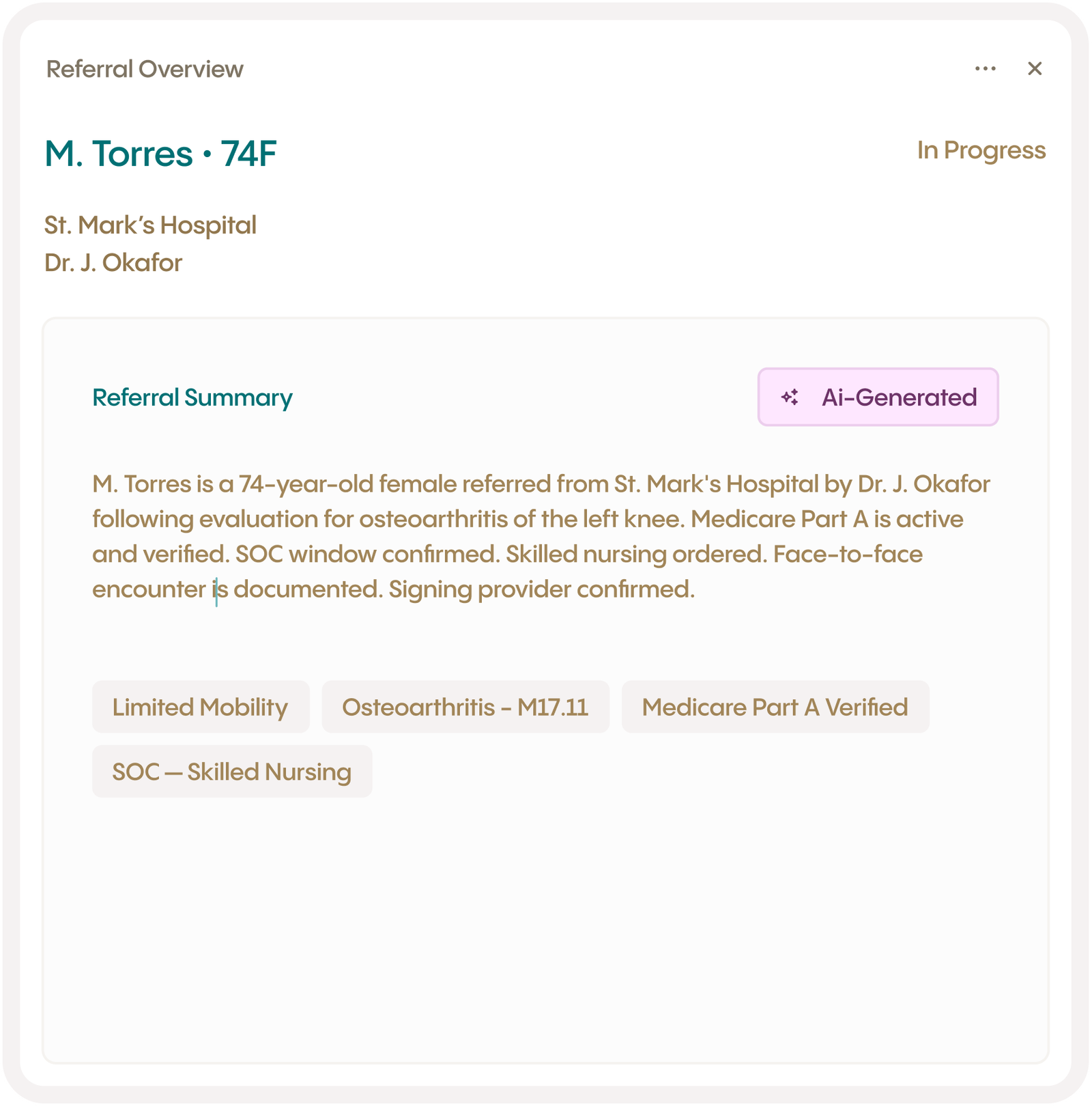 A digital medical referral overview for patient M. Torres, 74F, showing an AI-generated summary for left knee osteoarthritis and skilled nursing.