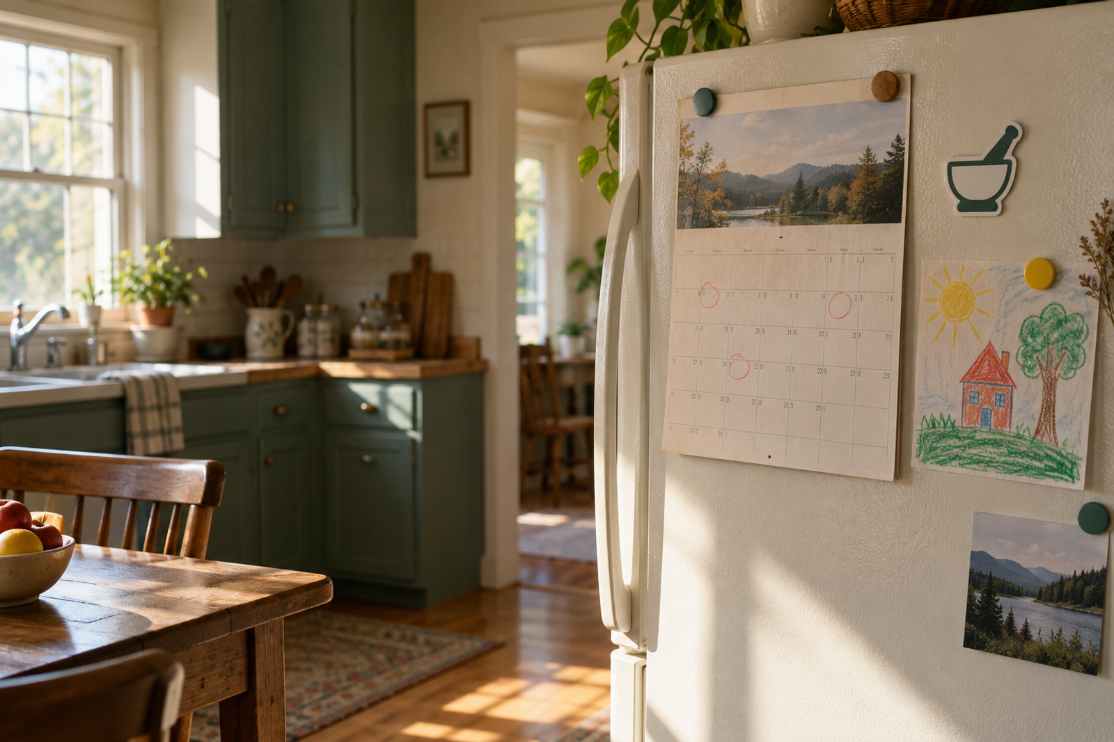 A paper calendar and a child's crayon drawing held by magnets on a refrigerator door.