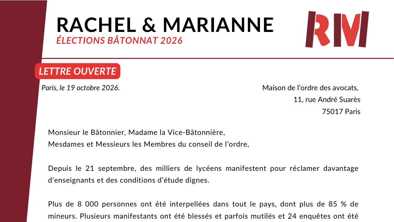 En-tête de la lettre ouverte de Rachel Saada et Marianne Lagrue au Bâtonnier, 19 octobre 2026