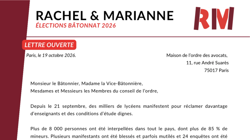 En-tête de la lettre ouverte de Rachel Saada et Marianne Lagrue au Bâtonnier, 19 octobre 2026