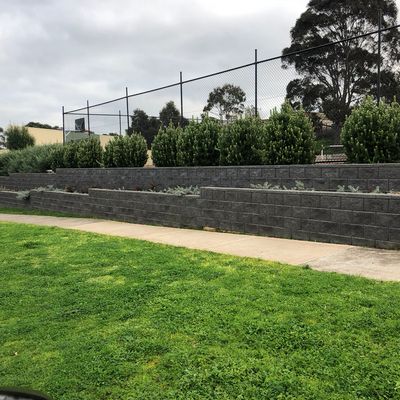 Two-tier charcoal masonry block retaining walls with planted garden beds beside a sports court, Geelong region