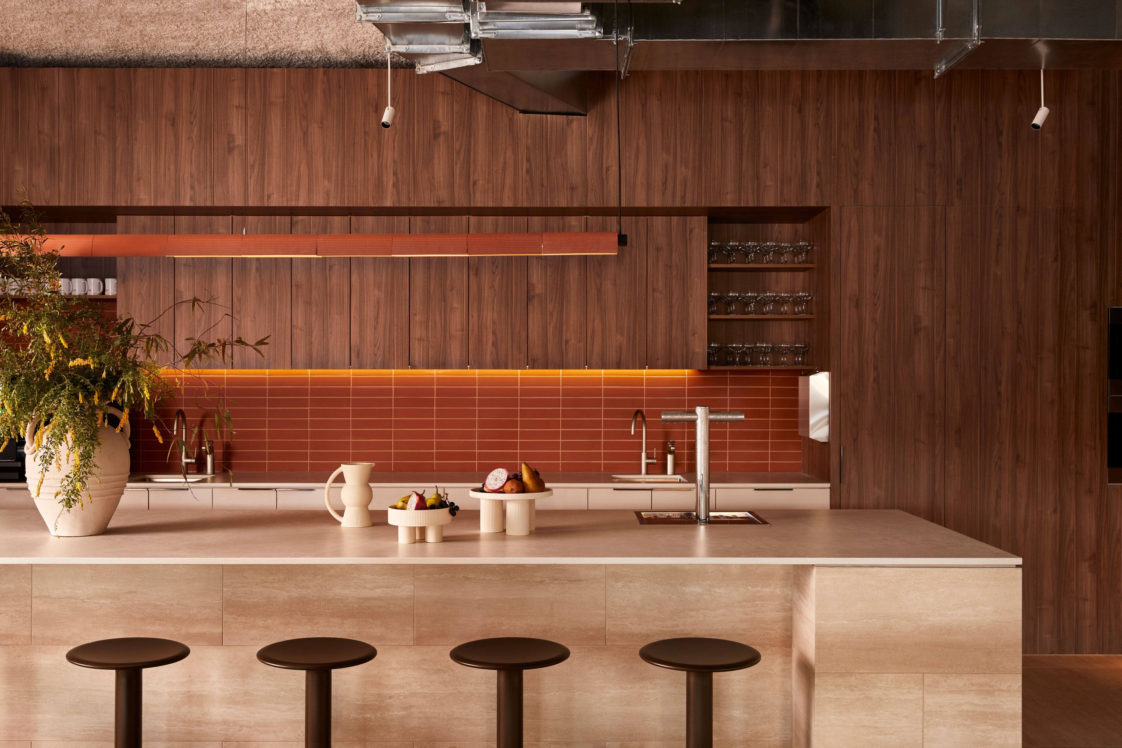 The kitchen at Forum Workspace, a premium coworking space designed by Foolscap. 