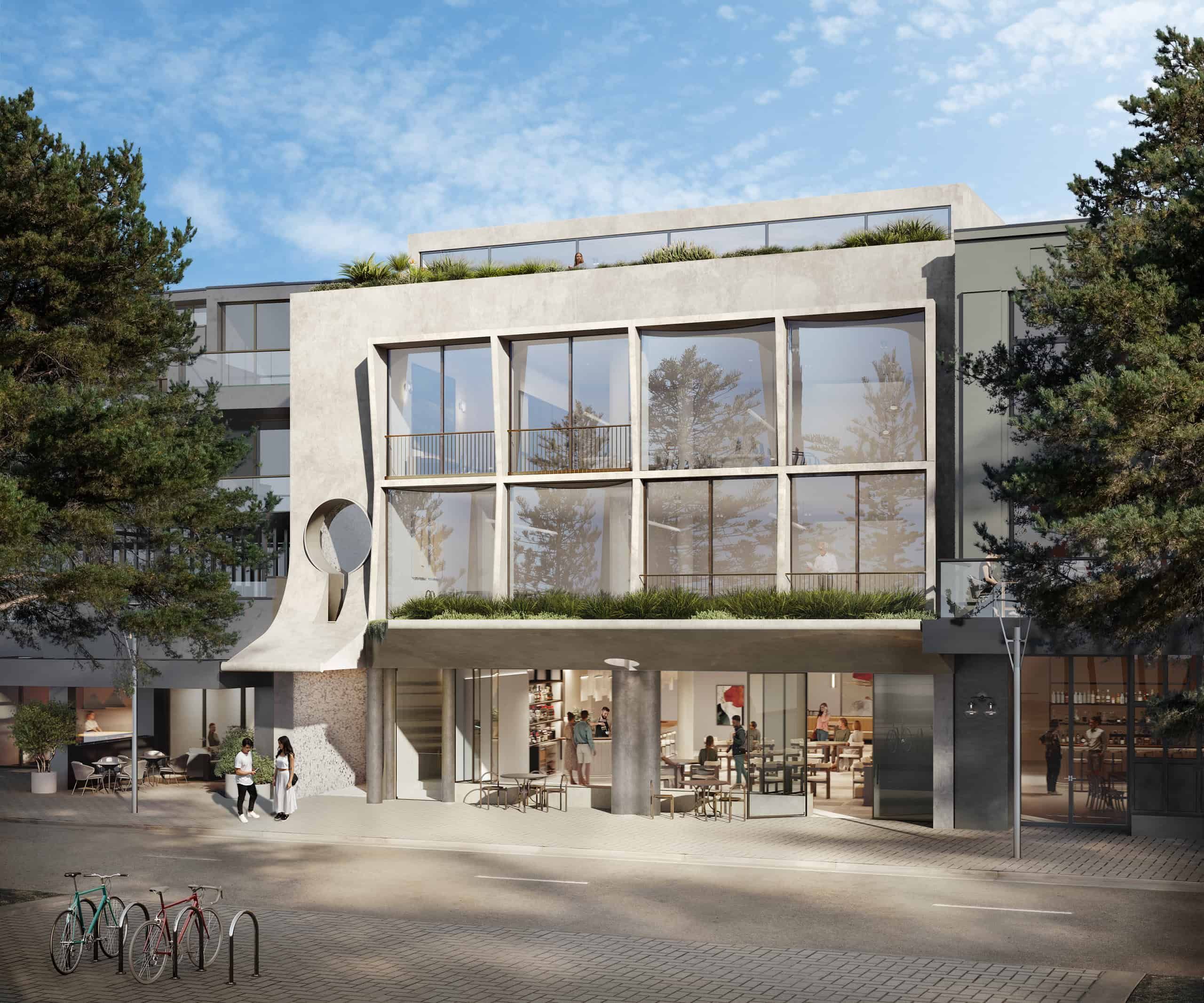 An exterior render of Fortis White Water, a mixed use development moments away from Manly Beach. Designed by Durbach Block Jaggers Architects with communal interiors by Foolscap.