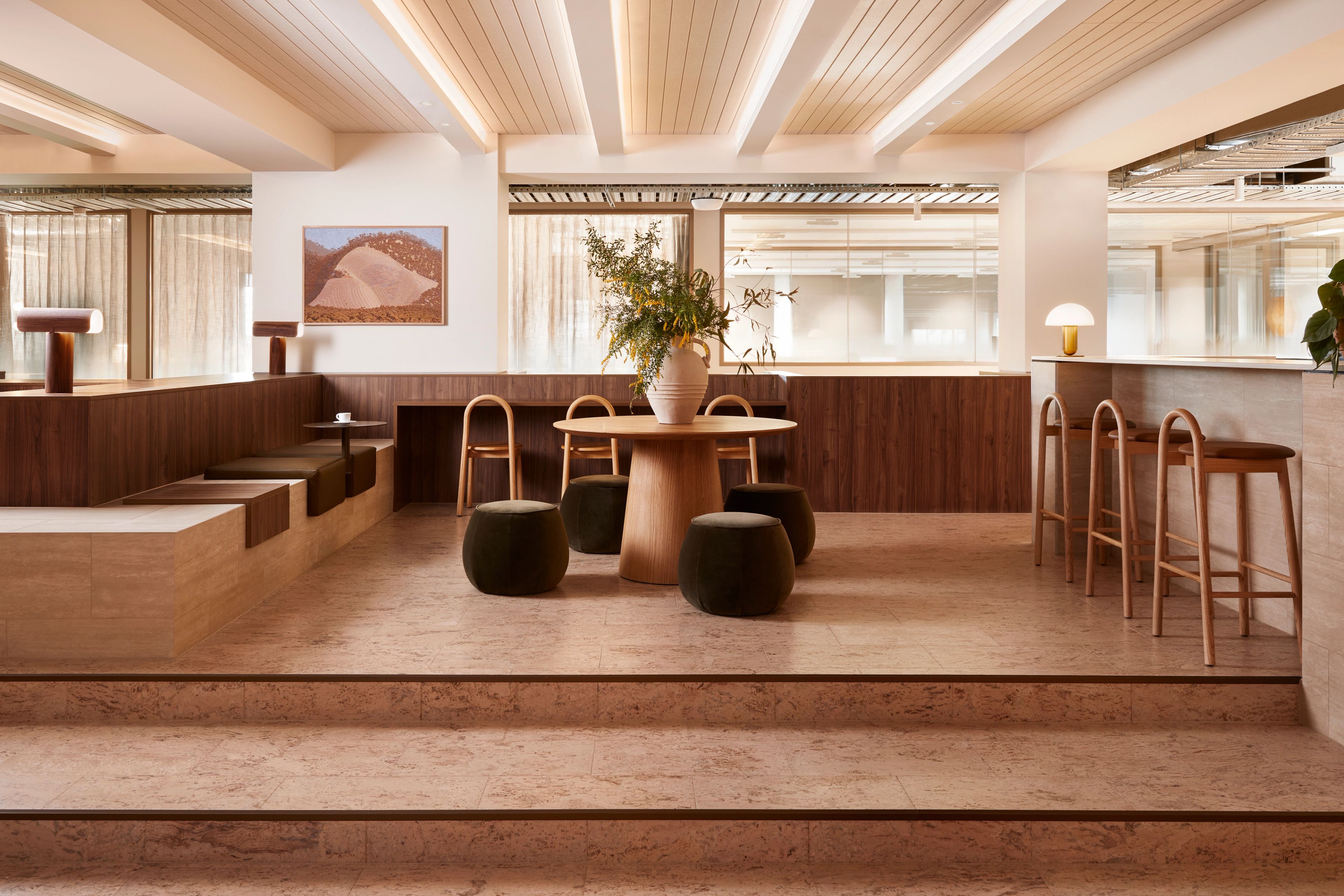 Forum Workspaces' tiered arrival space, designed by Foolscap. 