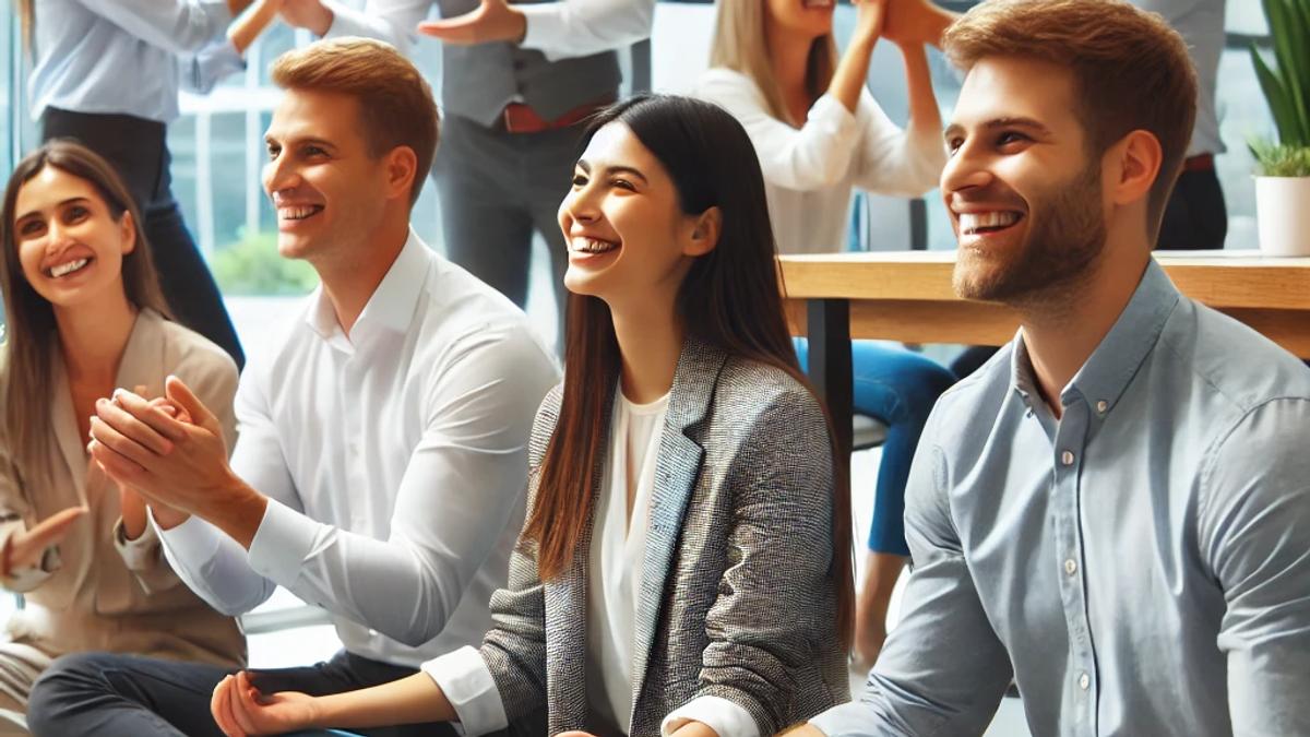  A group of corporate employees engaging in mental health games in a modern office setting. 