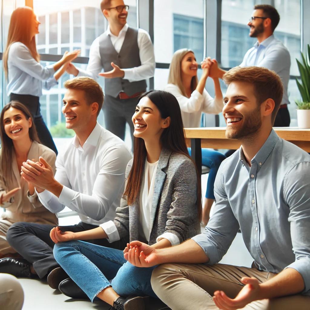 A group of corporate employees engaging in mental health games in a modern office setting.
