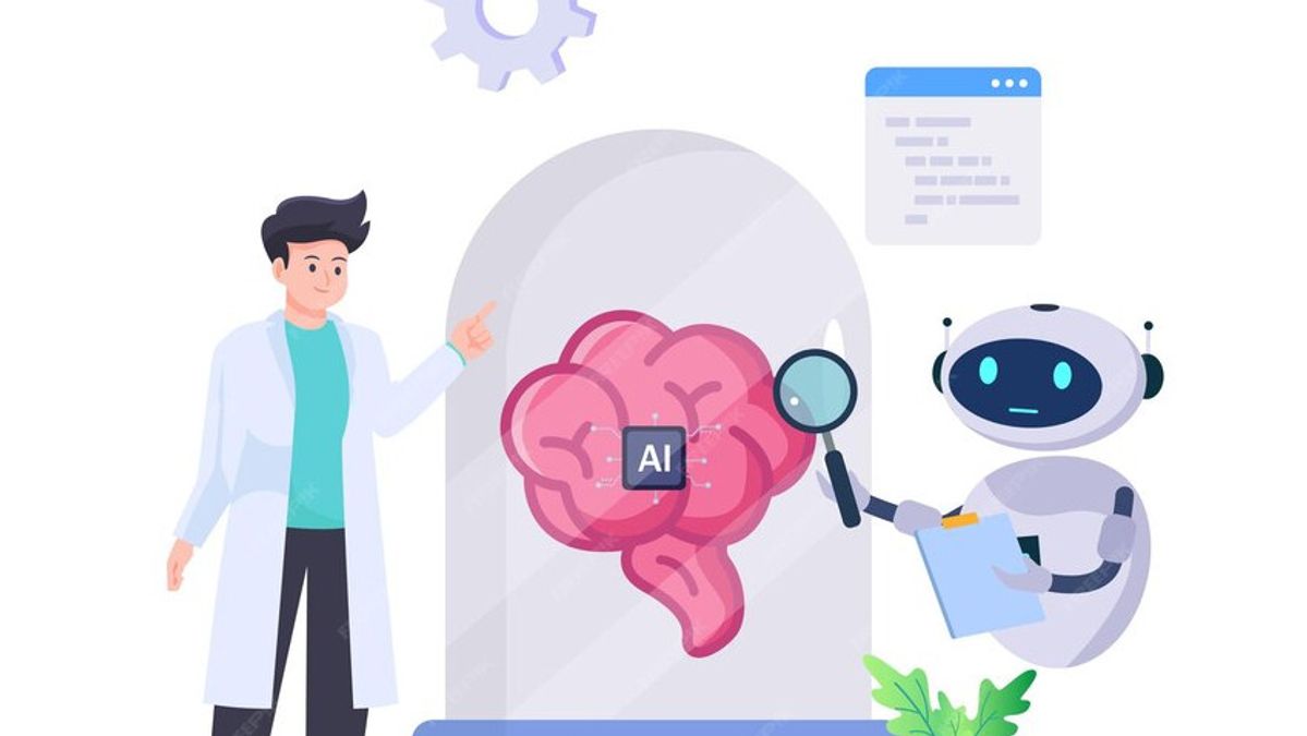 Illustration of a scientist and a robot analyzing an AI-powered brain, symbolizing artificial intelligence, machine learning, and AI research