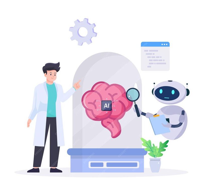 Illustration of a scientist and a robot analyzing an AI-powered brain, symbolizing artificial intelligence, machine learning, and AI research