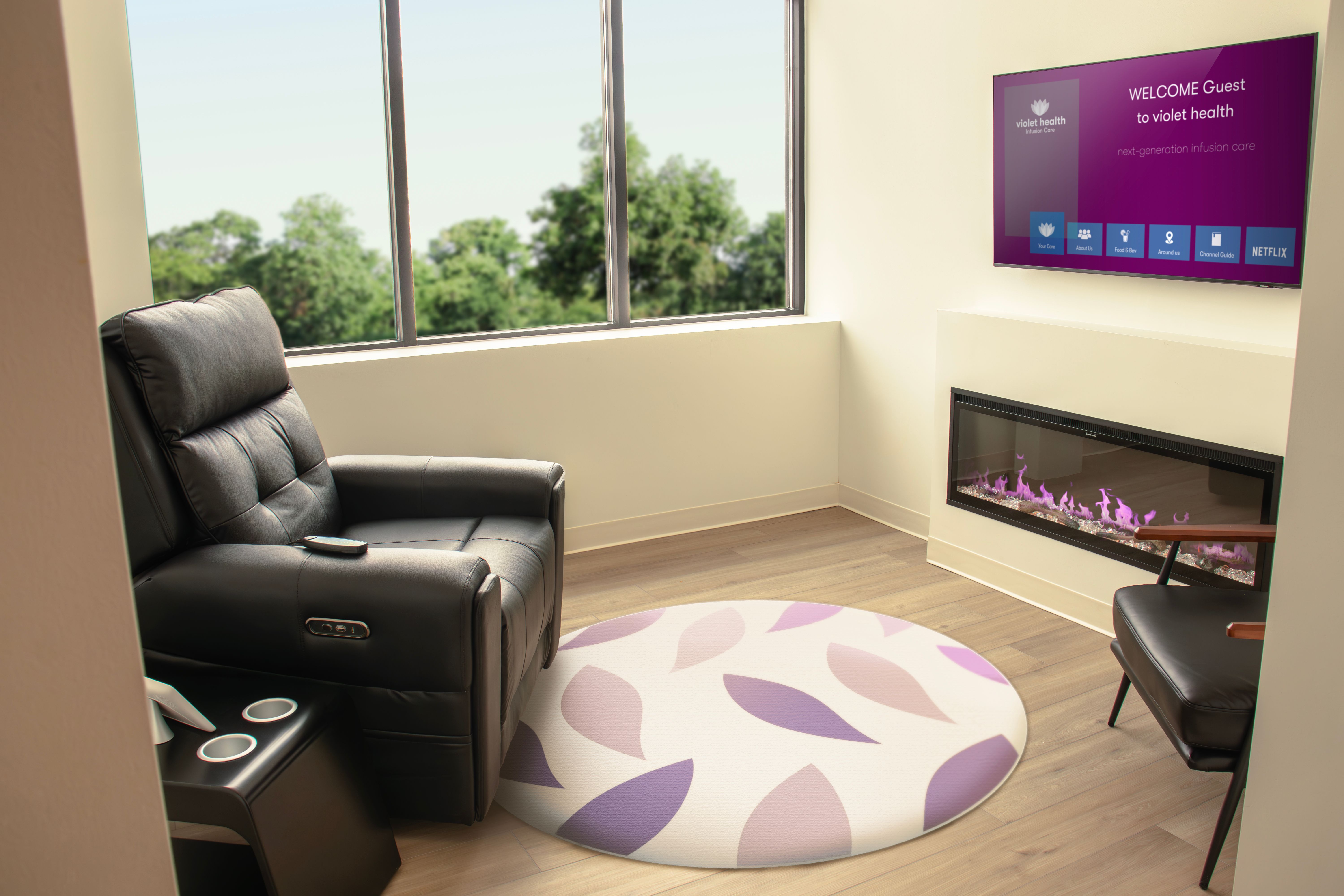 A Private Patient Suite with a Reclining Chair and Television with Streaming Entertainment to provide a Comfortable and Stress-Free Infusion Treatment Experience