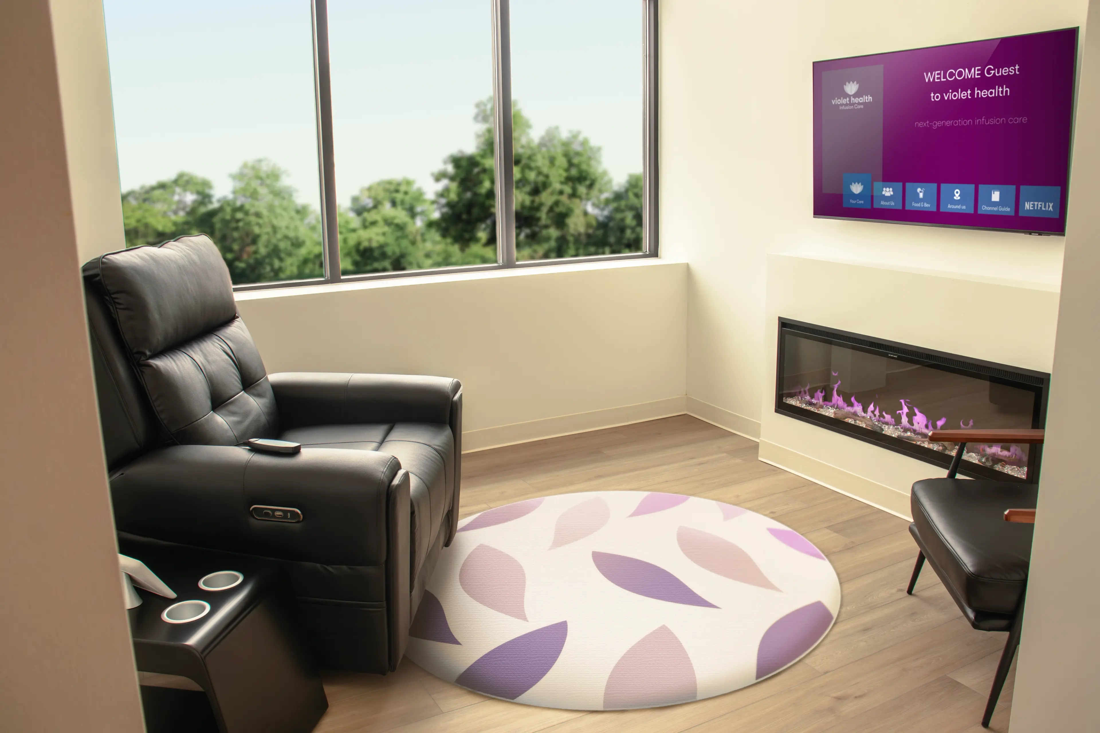 Private infusion suite with recliner and TV