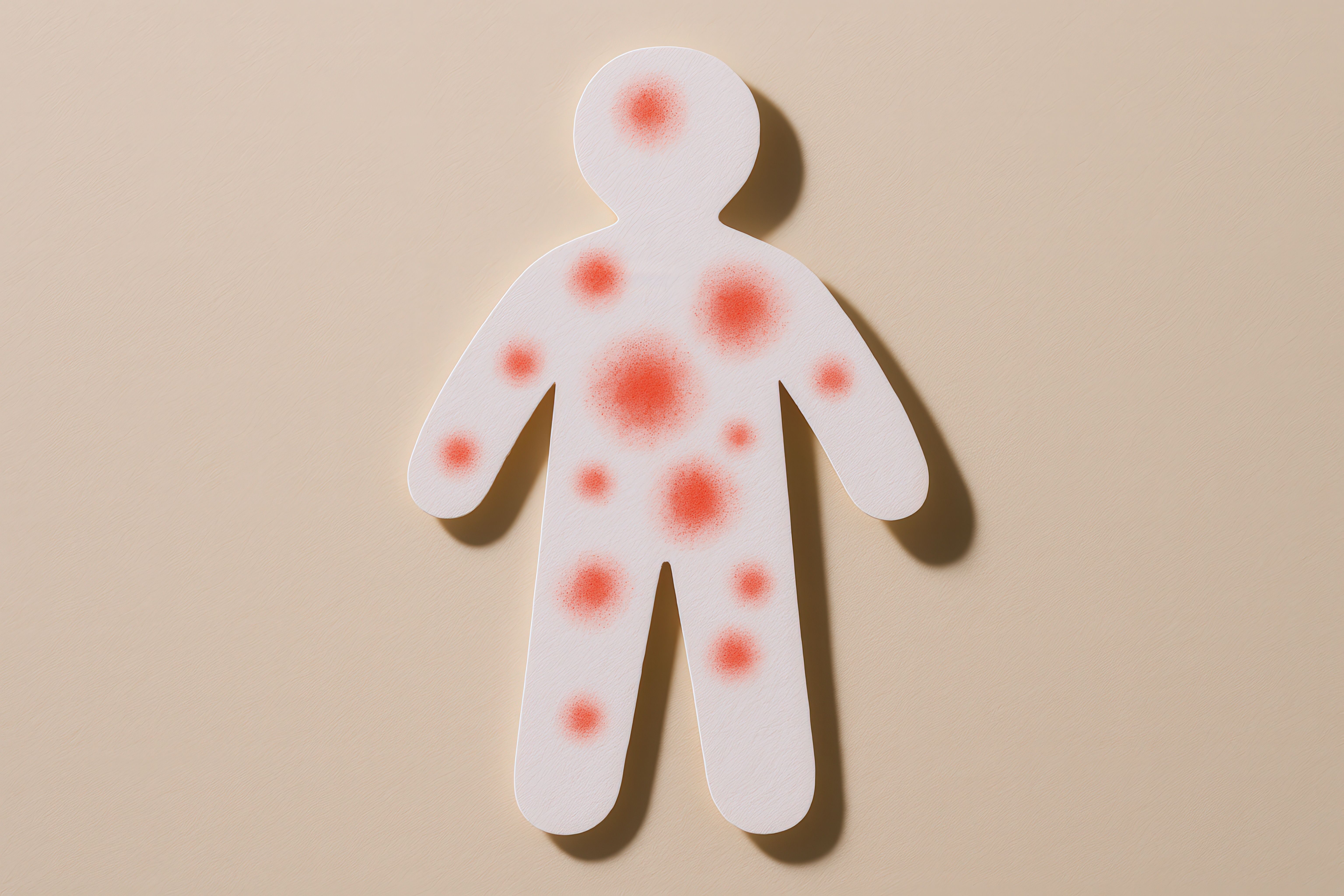 a paper cut out of a person with red spots all over them signifying a skin condition; on a plain beige background