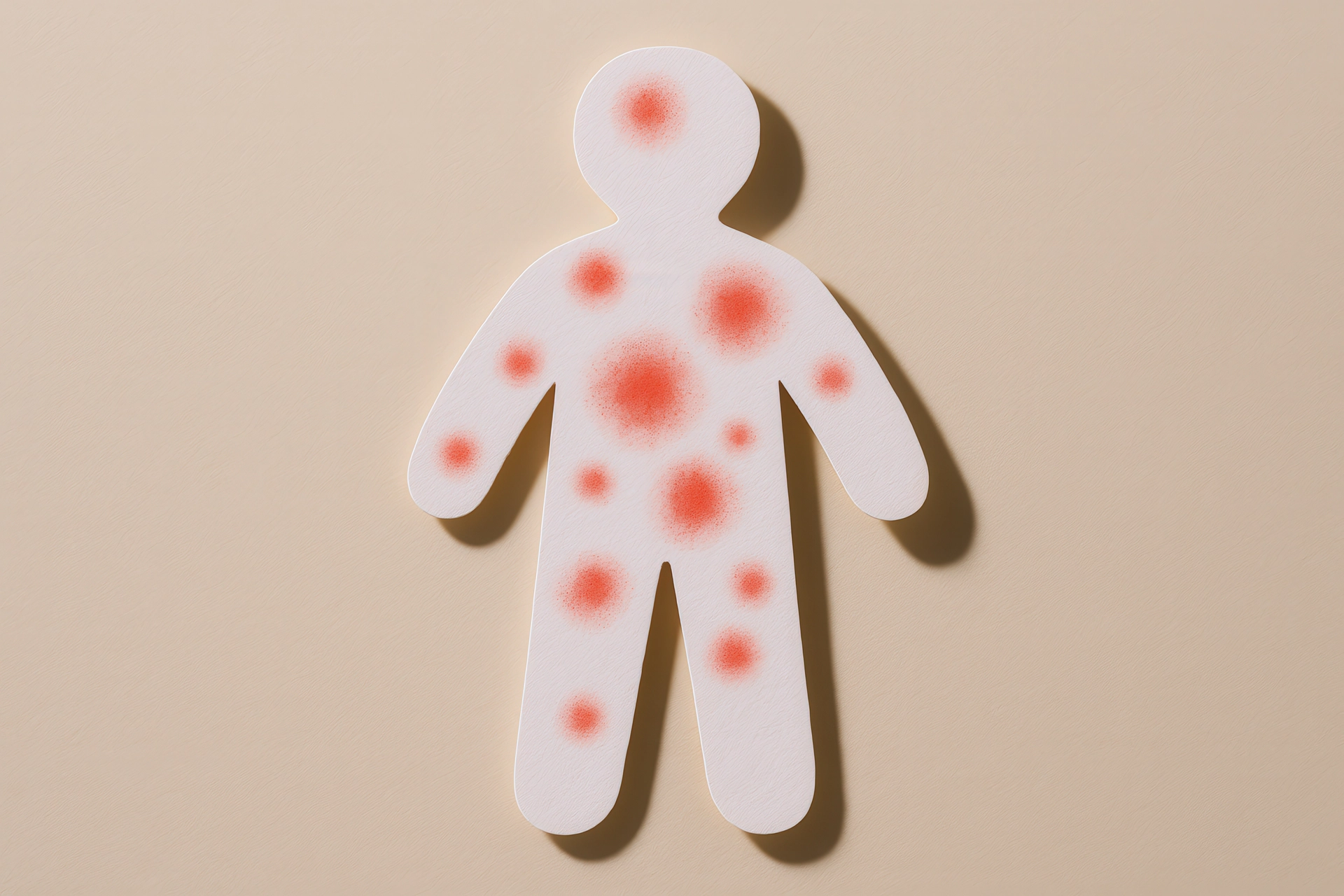 a paper cut out of a person with red spots all over them signifying a skin condition; on a plain beige background