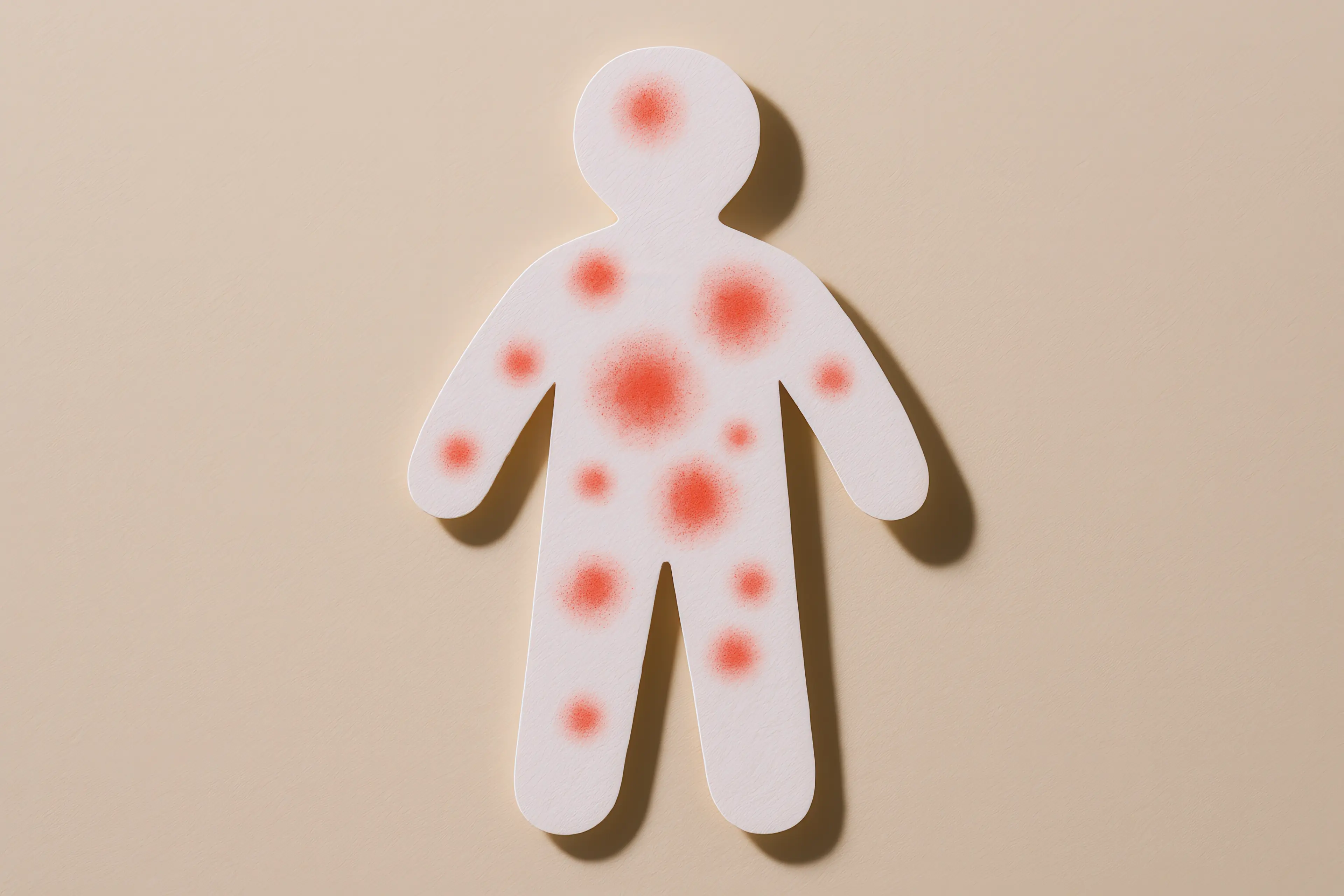 a paper cut out of a person with red spots all over them signifying a skin condition; on a plain beige background