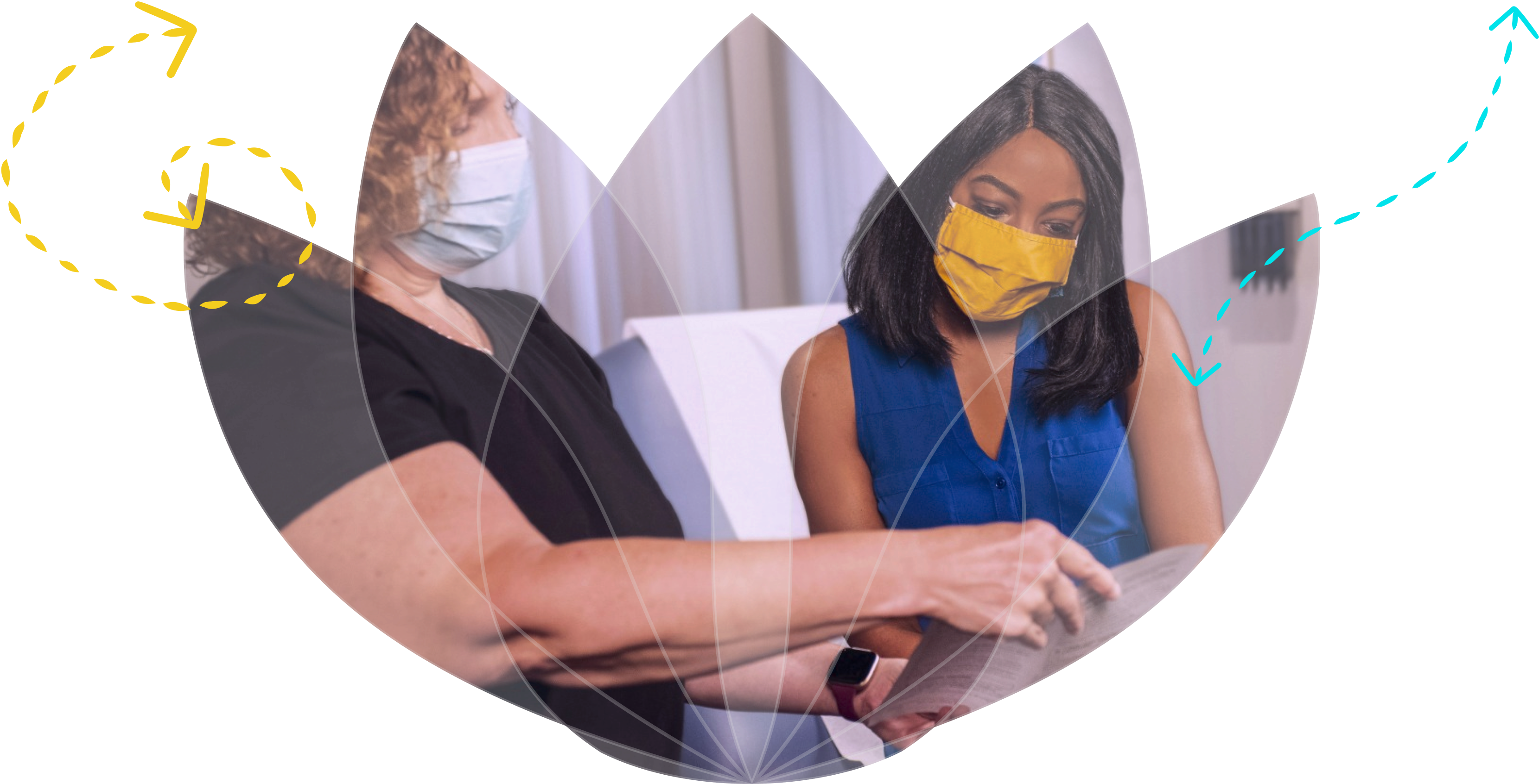 A female nurse with curly hair and a mask wearing black scrubs explaining the benefits of infusion therapy on a piece of paper with a woman wearing a yellow mask and a blue shirt