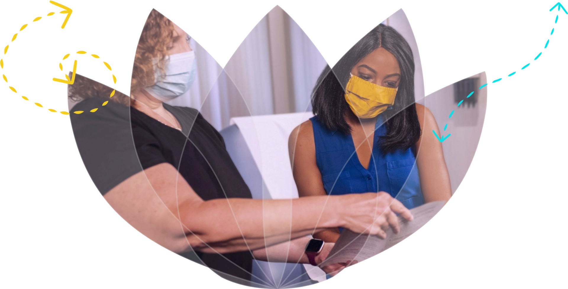 A female nurse with curly hair and a mask wearing black scrubs explaining the benefits of infusion therapy on a piece of paper with a woman wearing a yellow mask and a blue shirt