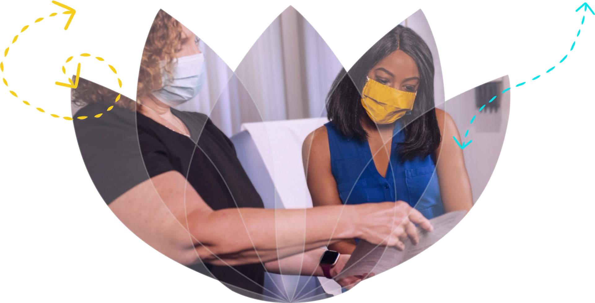 A female nurse with curly hair and a mask wearing black scrubs explaining the benefits of infusion therapy on a piece of paper with a woman wearing a yellow mask and a blue shirt