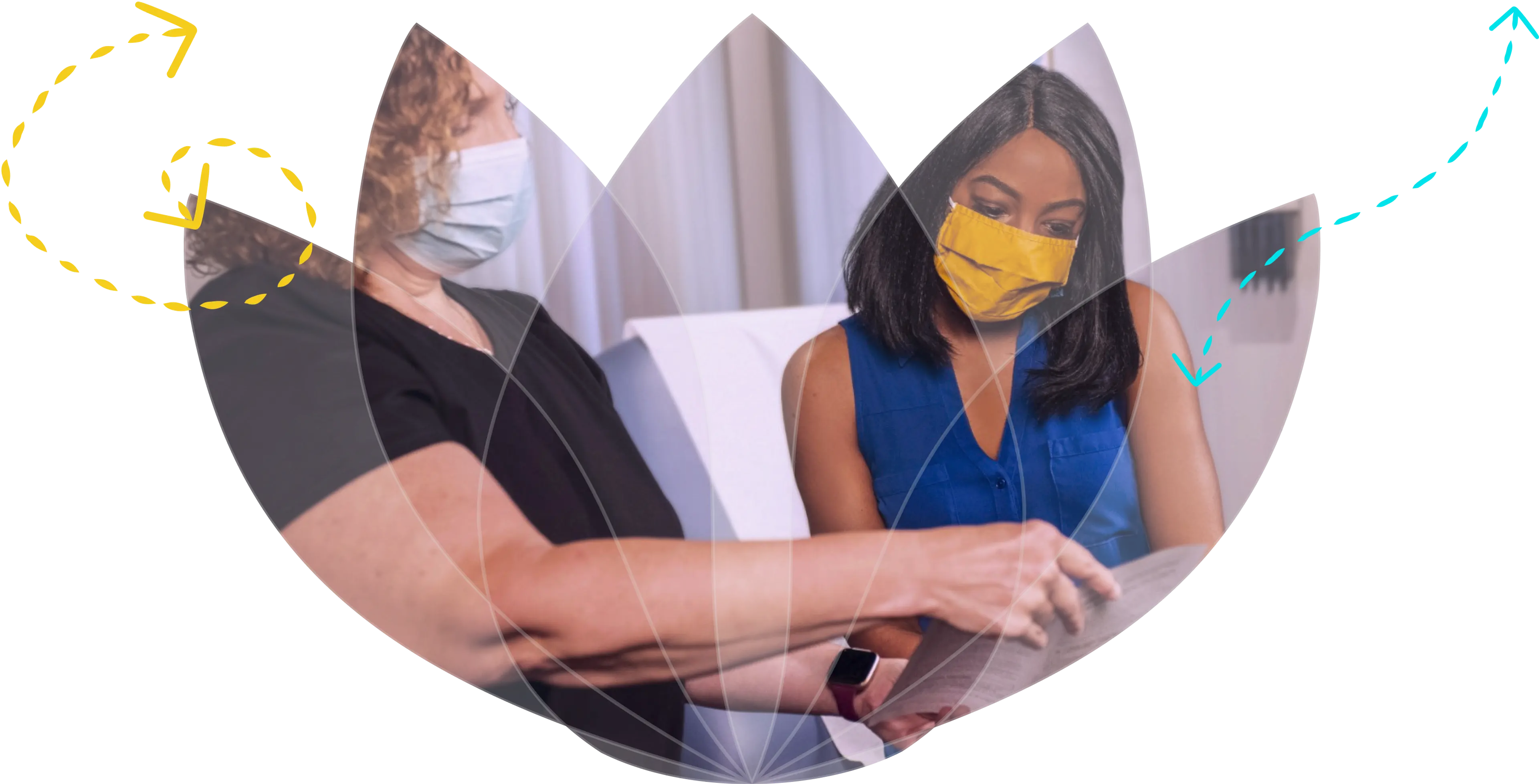 A female nurse with curly hair and a mask wearing black scrubs explaining the benefits of infusion therapy on a piece of paper with a woman wearing a yellow mask and a blue shirt