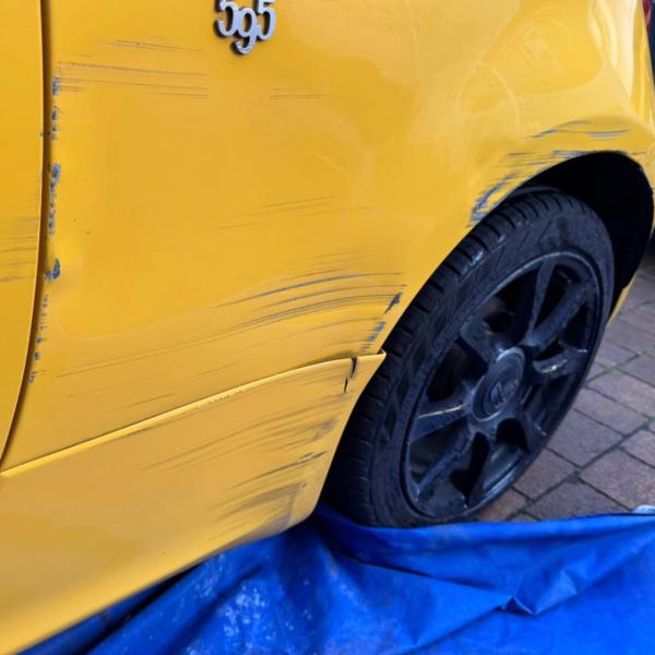 Before — Rear Quarter Dent, Sill and Door Repair on an Abarth 595 in Wigan