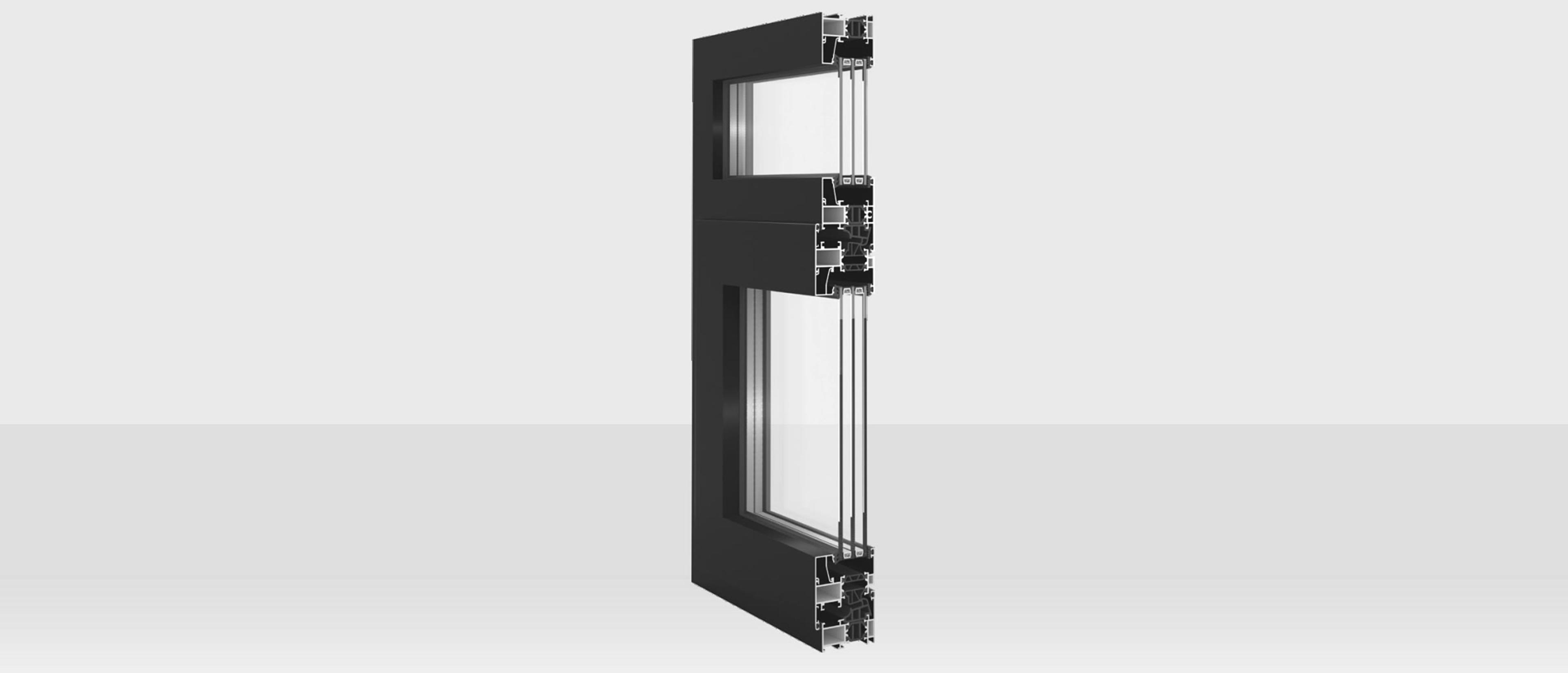 Corte de una ventana de aluminio color grafito con vidriado múltiple