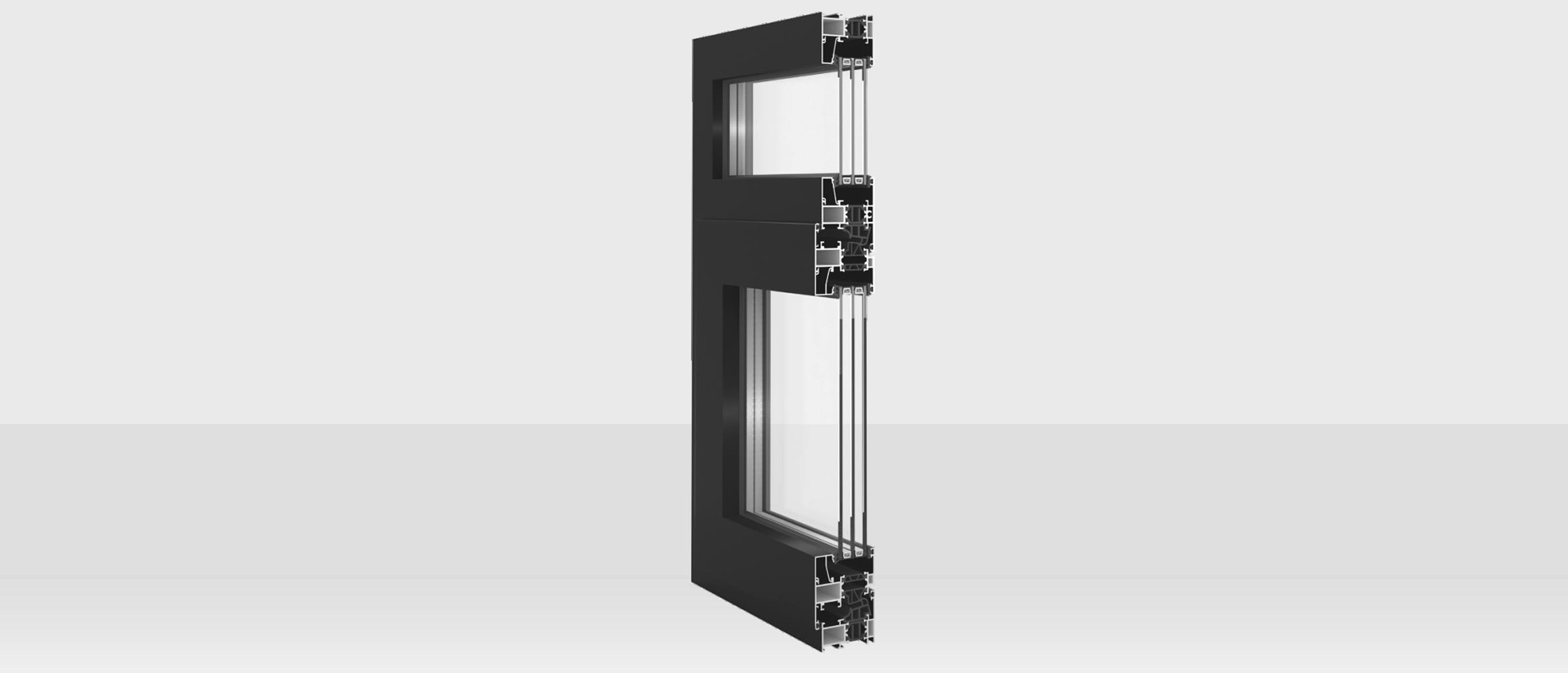 Corte de una ventana de aluminio color grafito con vidriado múltiple