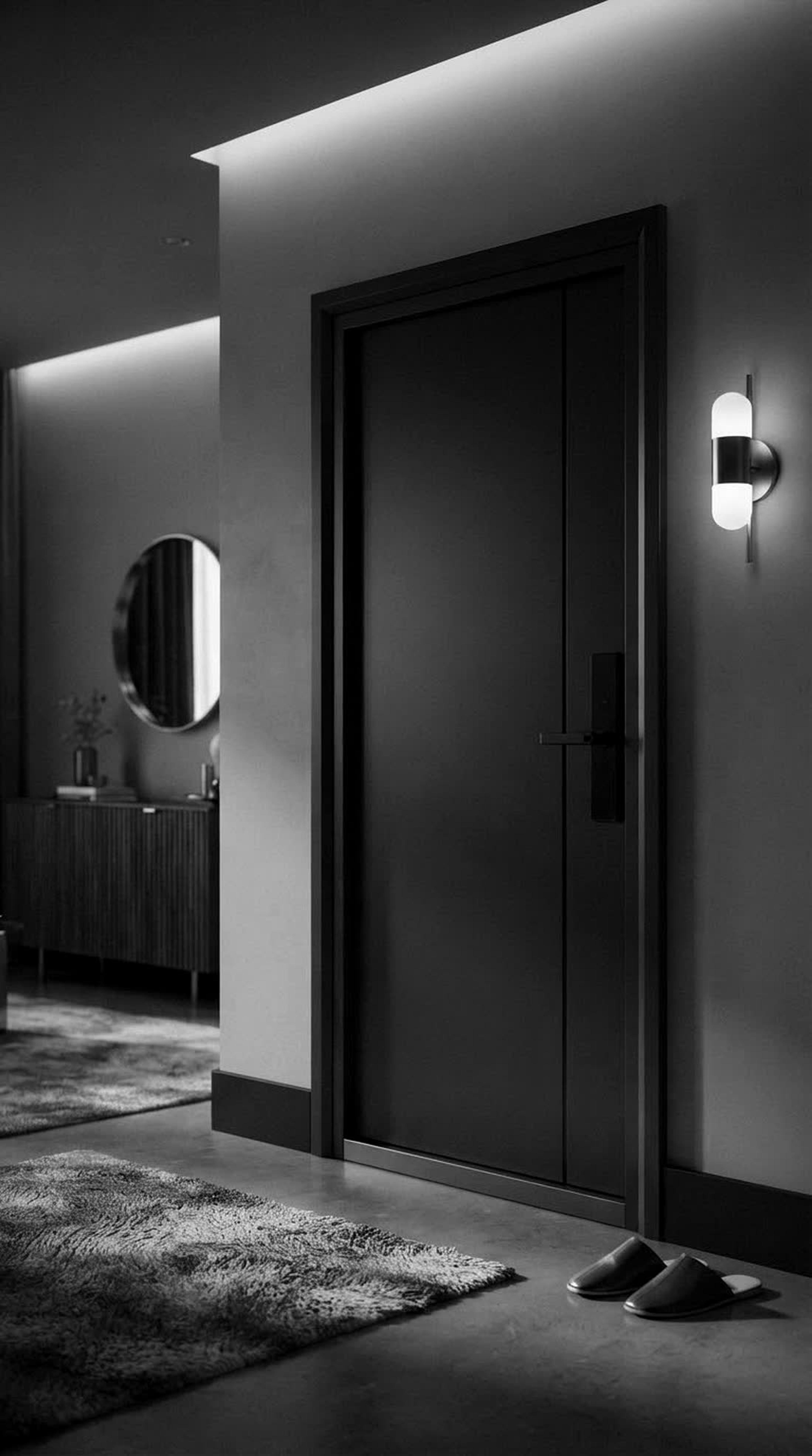 Puerta de seguridad negra en el acceso a una casa, con manija y cerradura digital