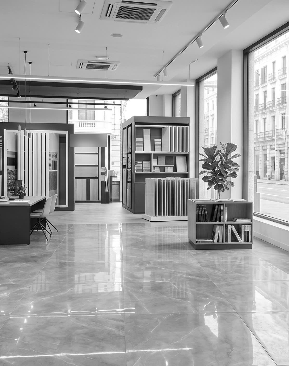 Local con piso de porcelanato pulido símil mármol y exhibidores de revestimientos