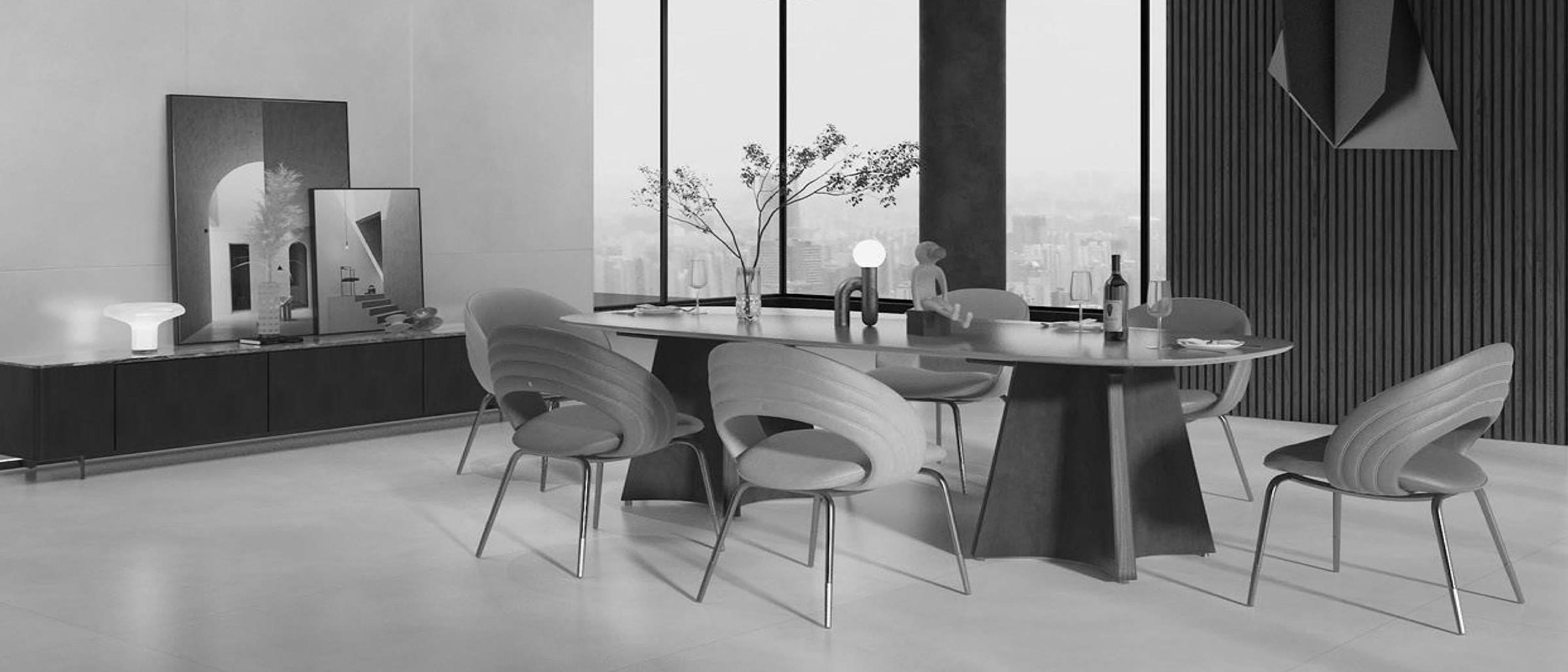 Comedor con piso de porcelanato mate claro, mesa de pie central y sillas tapizadas