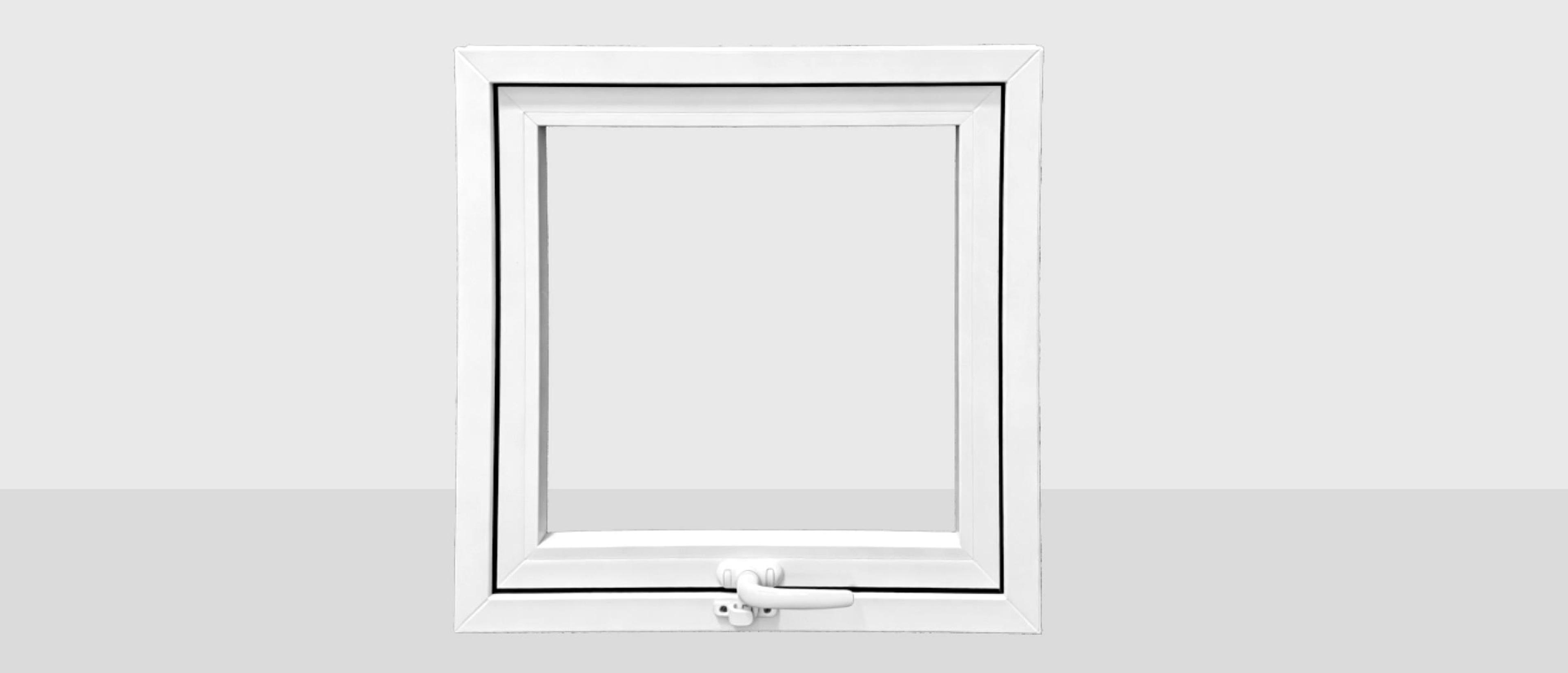 Ventana de PVC blanca de una hoja con DVH, vista de frente, con su manija