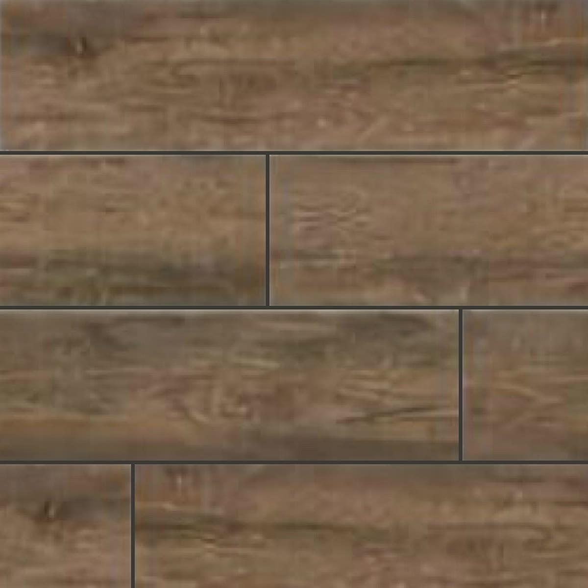 Muestra de porcelanato símil madera castaño oscuro