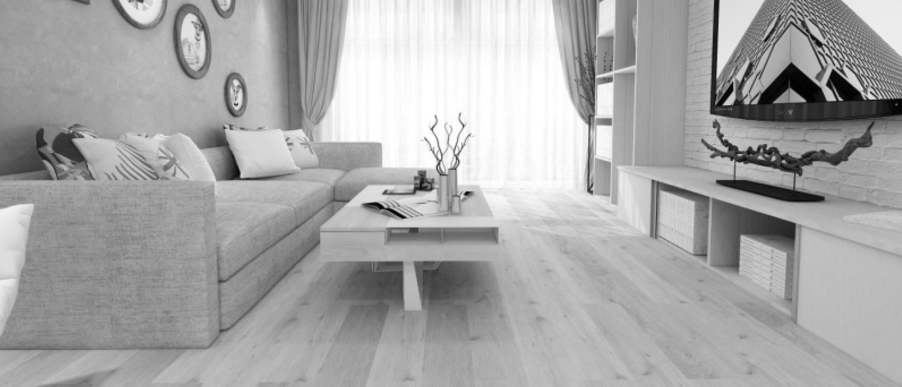 Living con piso vinílico click símil madera claro, sillón en L y mesa baja