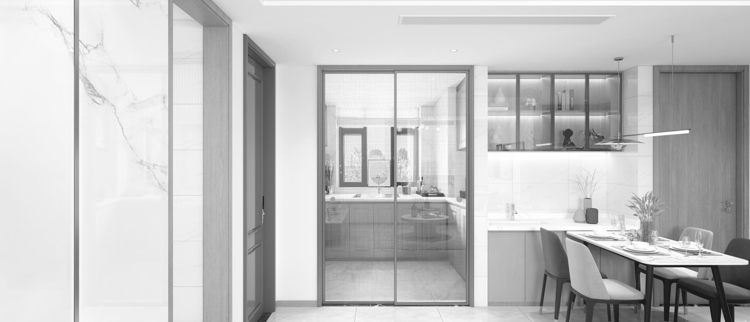 Puertas de vidrio corredizas con marco fino de aluminio entre la cocina y el comedor
