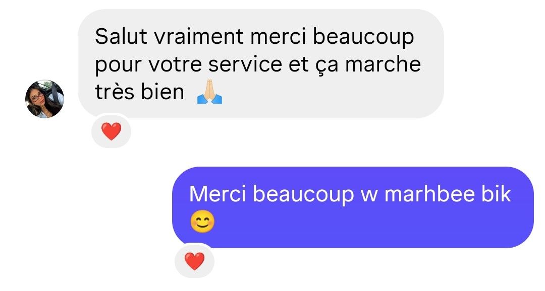 Salut vraiment merci beaucoup pour votre service et ça marche très bien 🙏🏻