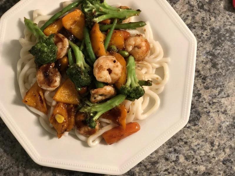 Teriyaki Shrimp Stir Fry With Veggies and Udon Noodles