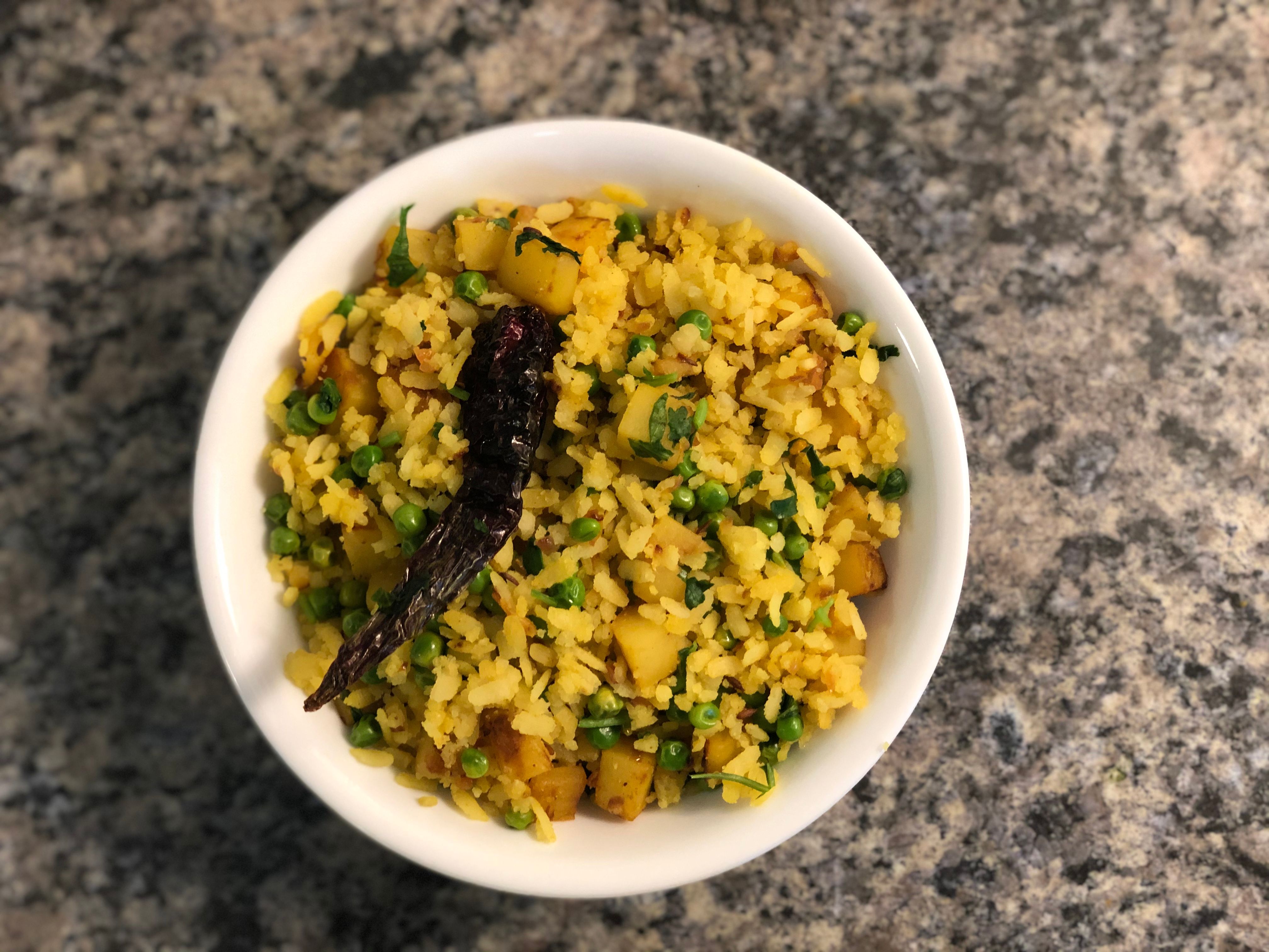 North Indian Poha Recipe - Flattened Rice with Potatoes