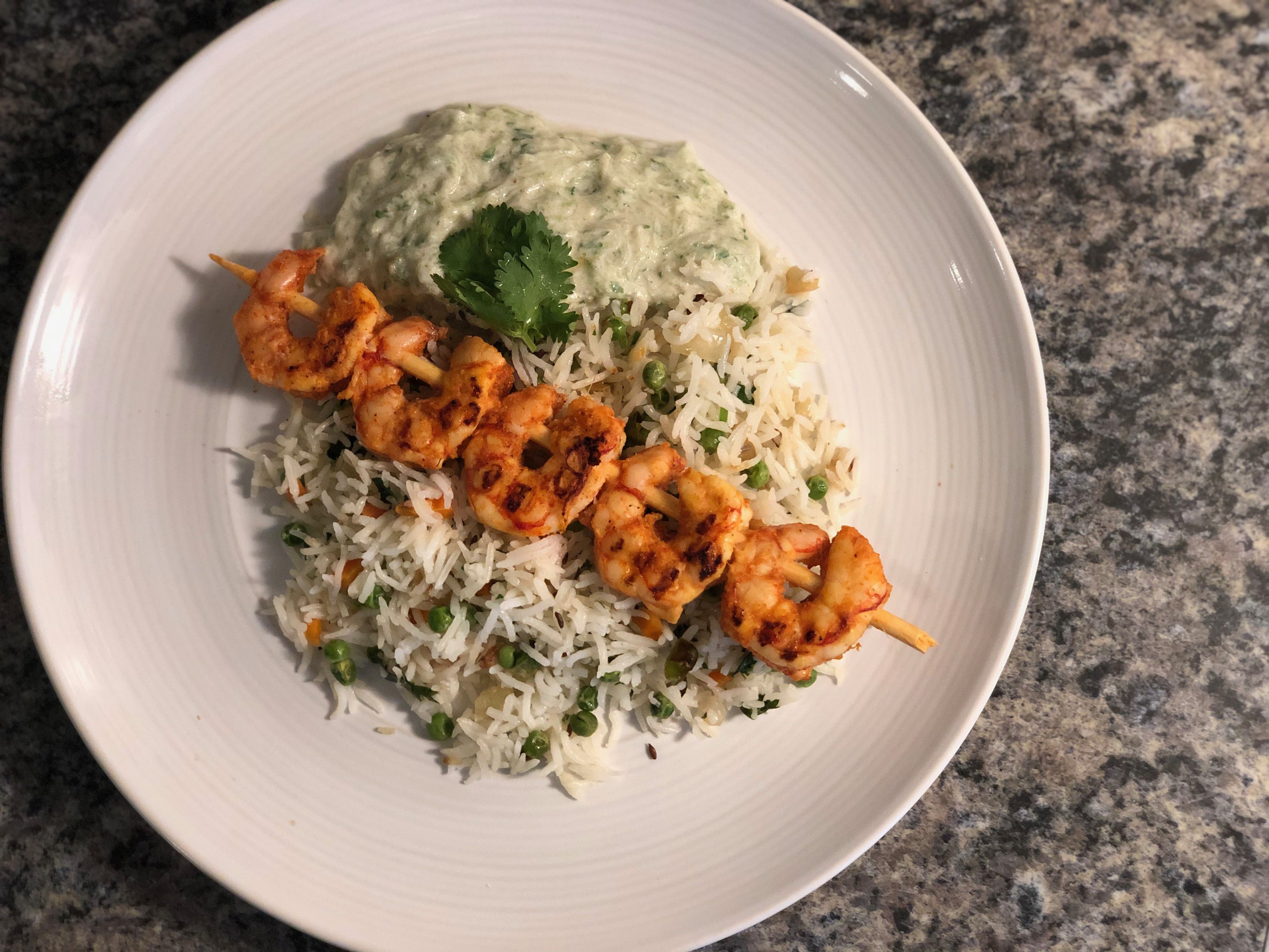 Grilled Tandoori Shrimp Skewers with Vegetable Pulao