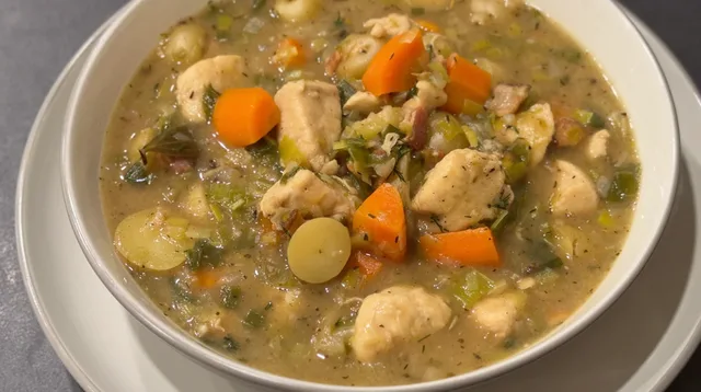 Creamy chicken stew with tender chicken pieces, carrots, potatoes, and green beans in a savory broth.