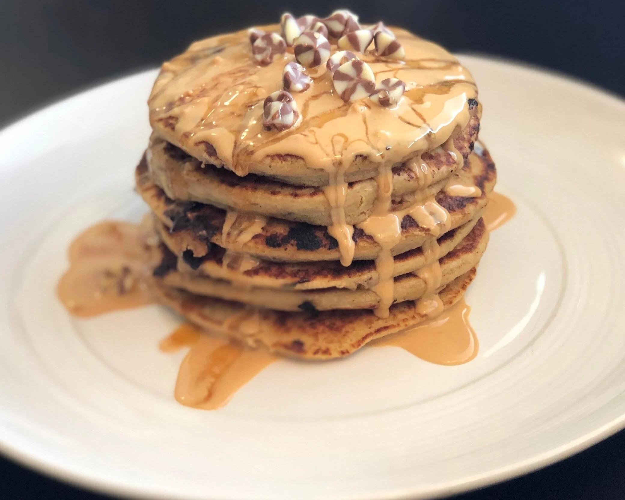 Chocolate Swirl Pancakes with Creamy Peanut Butter Sauce