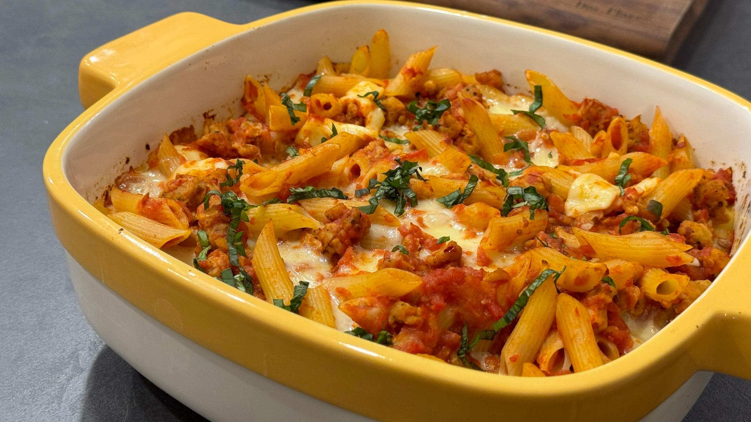 Cheesy Baked Penne with Spicy Italian Sausage Recipe