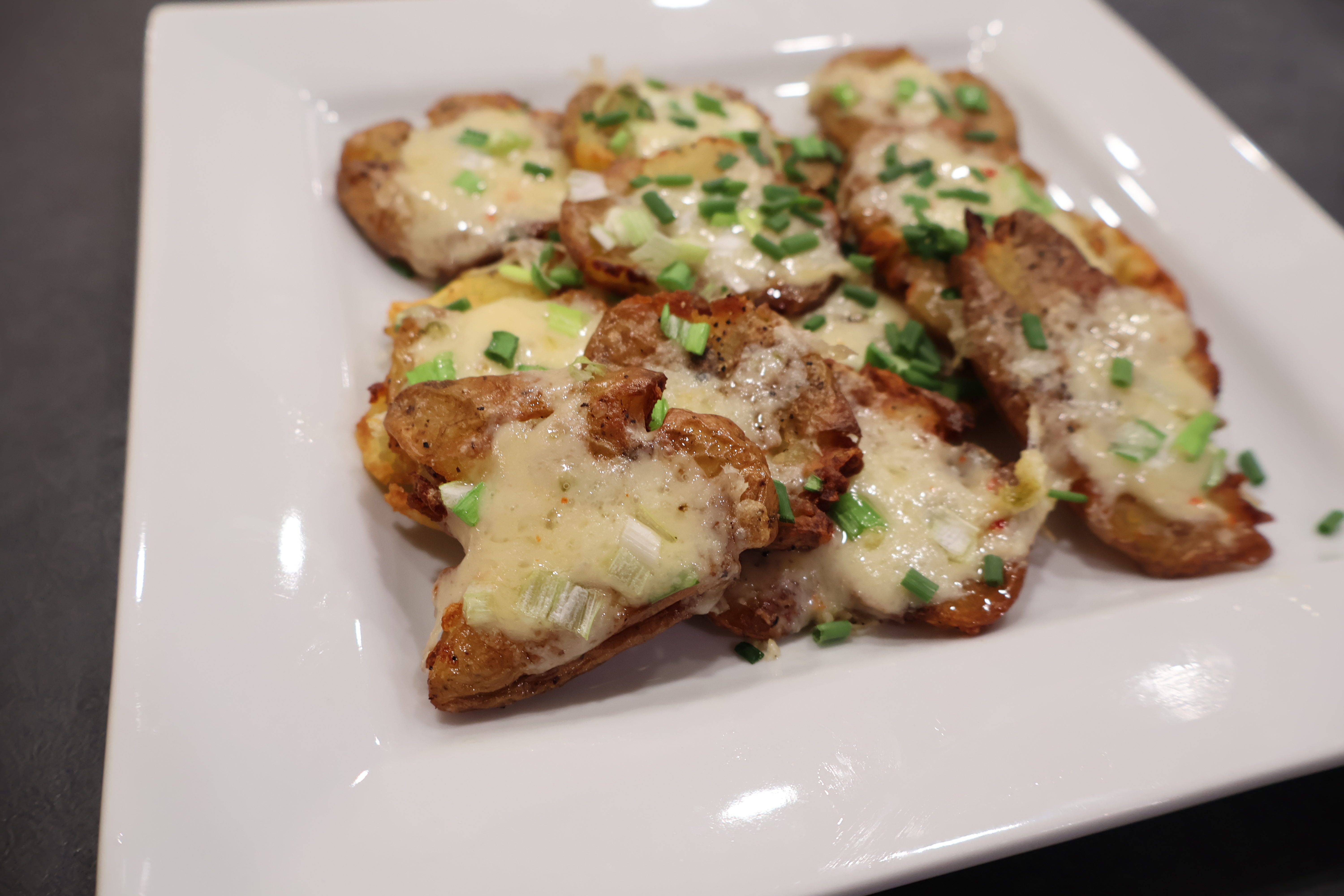 Cheesy and Crispy Air Fryer Smashed Potatoes