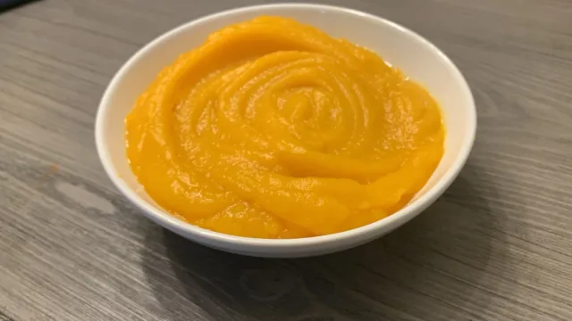 Homemade pumpkin puree swirled in a white bowl on a gray surface.