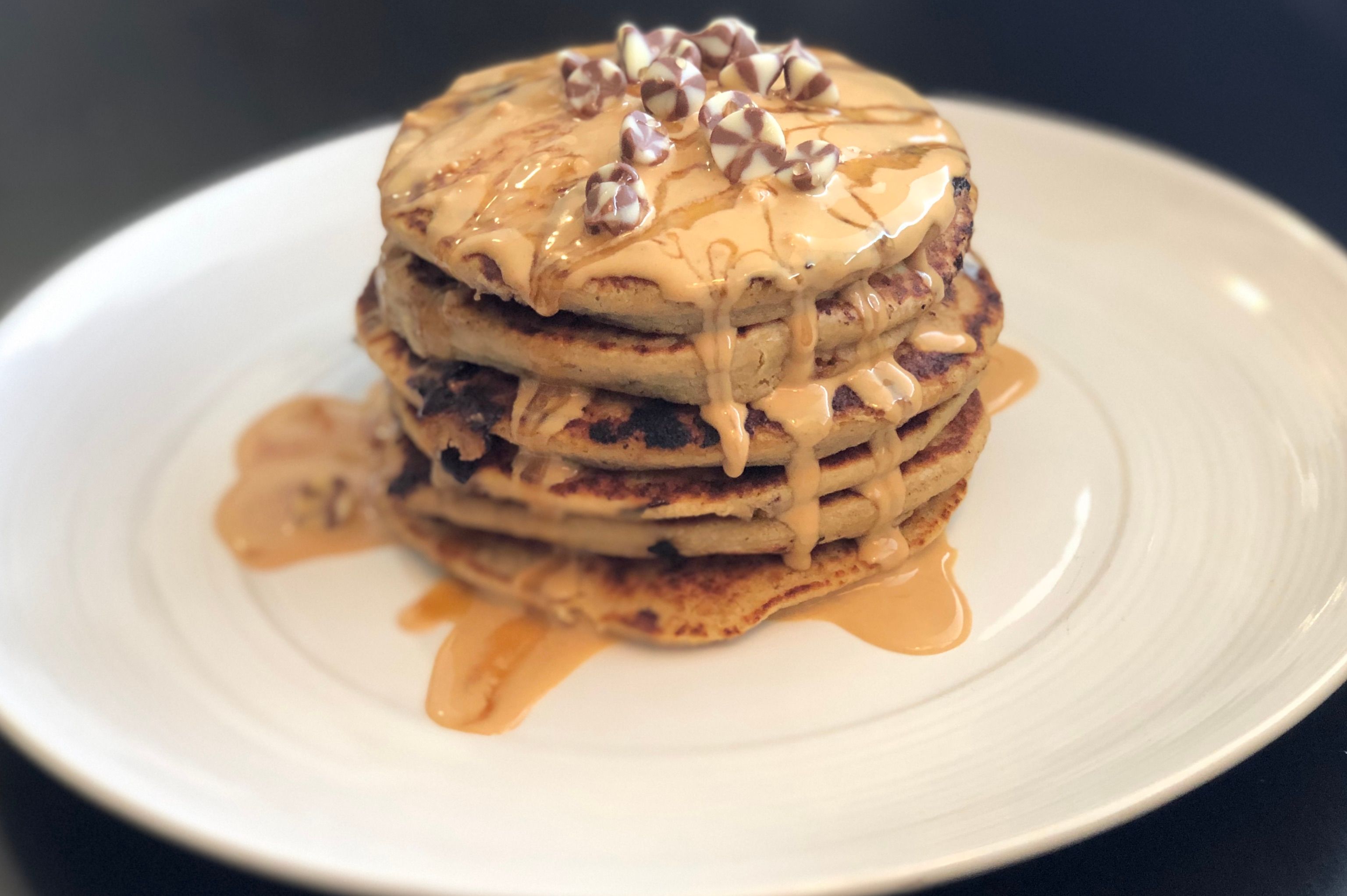 Chocolate Swirl Pancakes with Creamy Peanut Butter Sauce