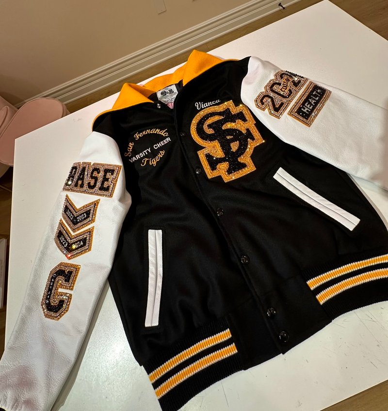 Custom blinged letterman jacket by Erica’s Sparkly Designs