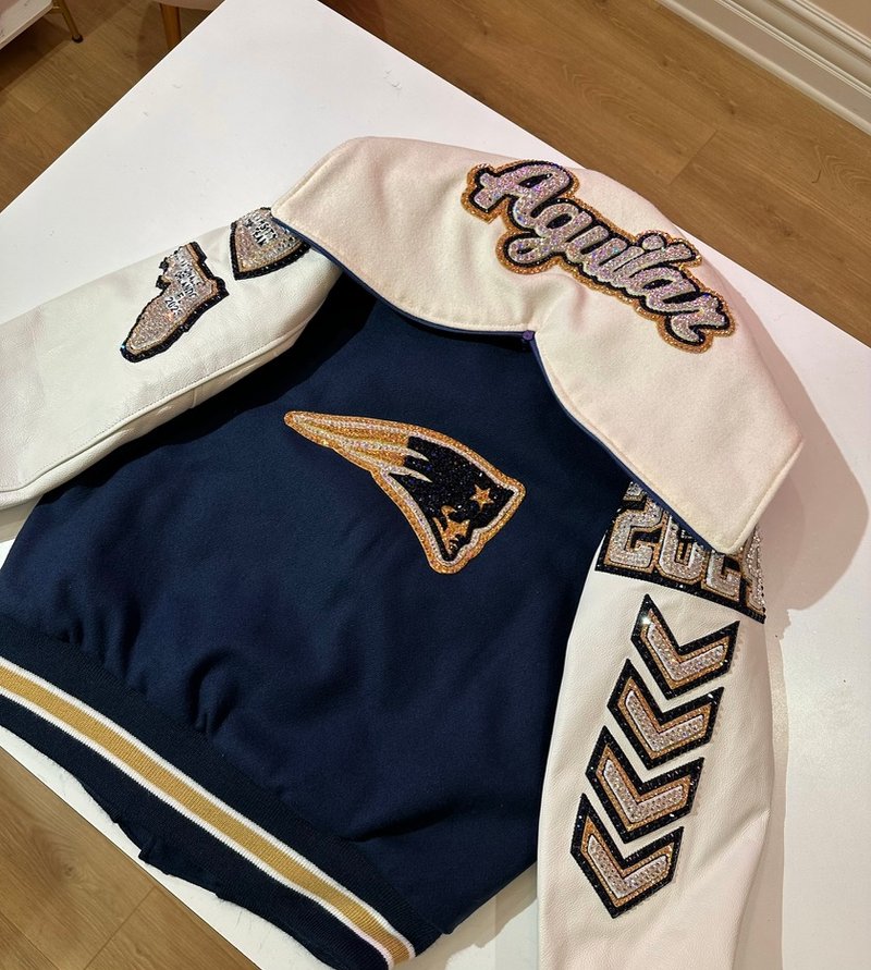 Custom blinged letterman jacket by Erica’s Sparkly Designs