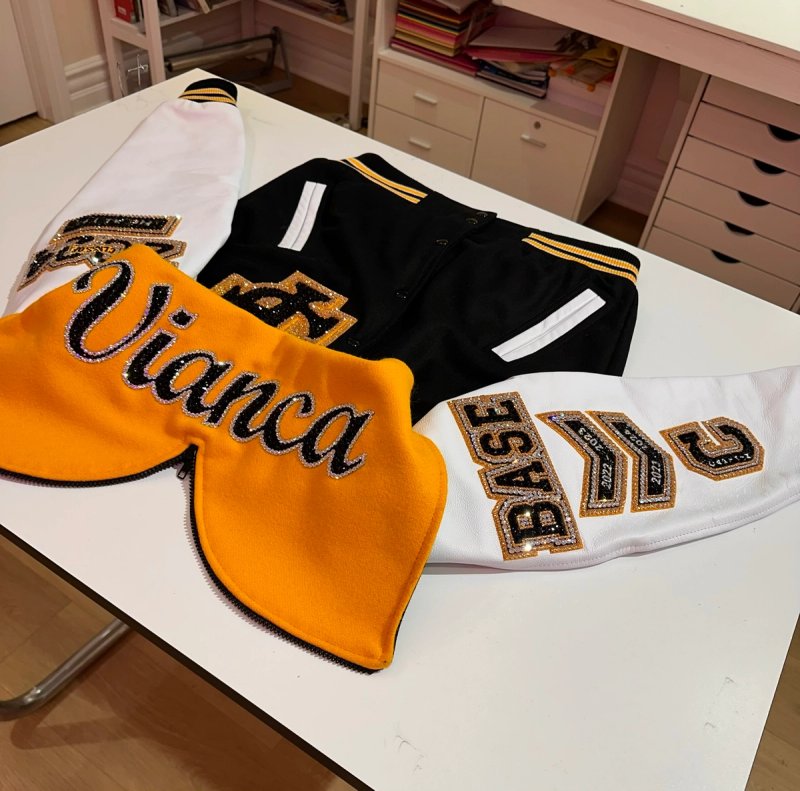 Custom blinged letterman jacket by Erica’s Sparkly Designs
