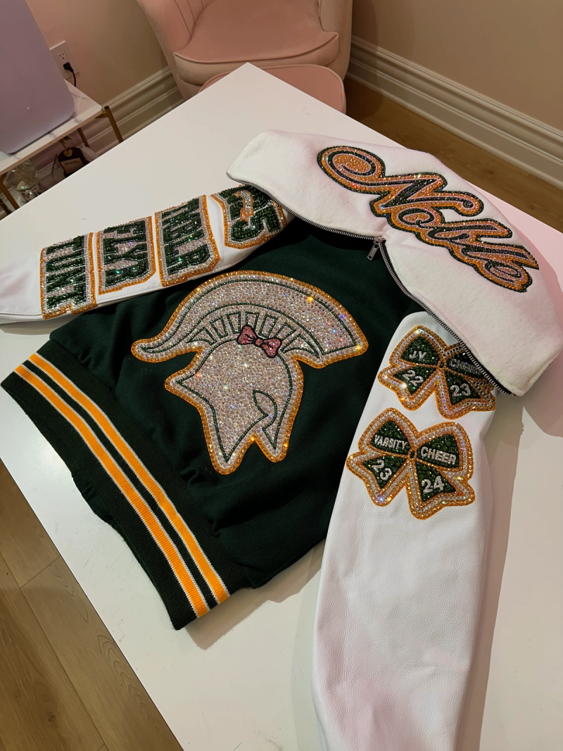 Custom blinged letterman jacket by Erica’s Sparkly Designs