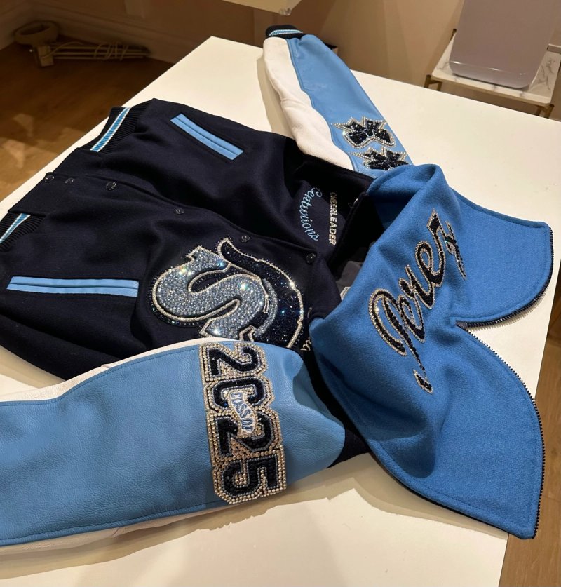 Custom blinged letterman jacket by Erica’s Sparkly Designs