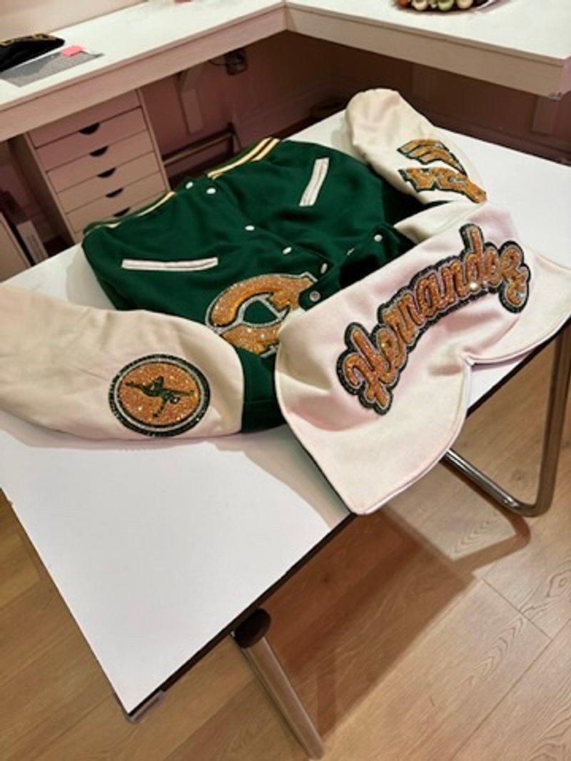 Custom blinged letterman jacket by Erica’s Sparkly Designs