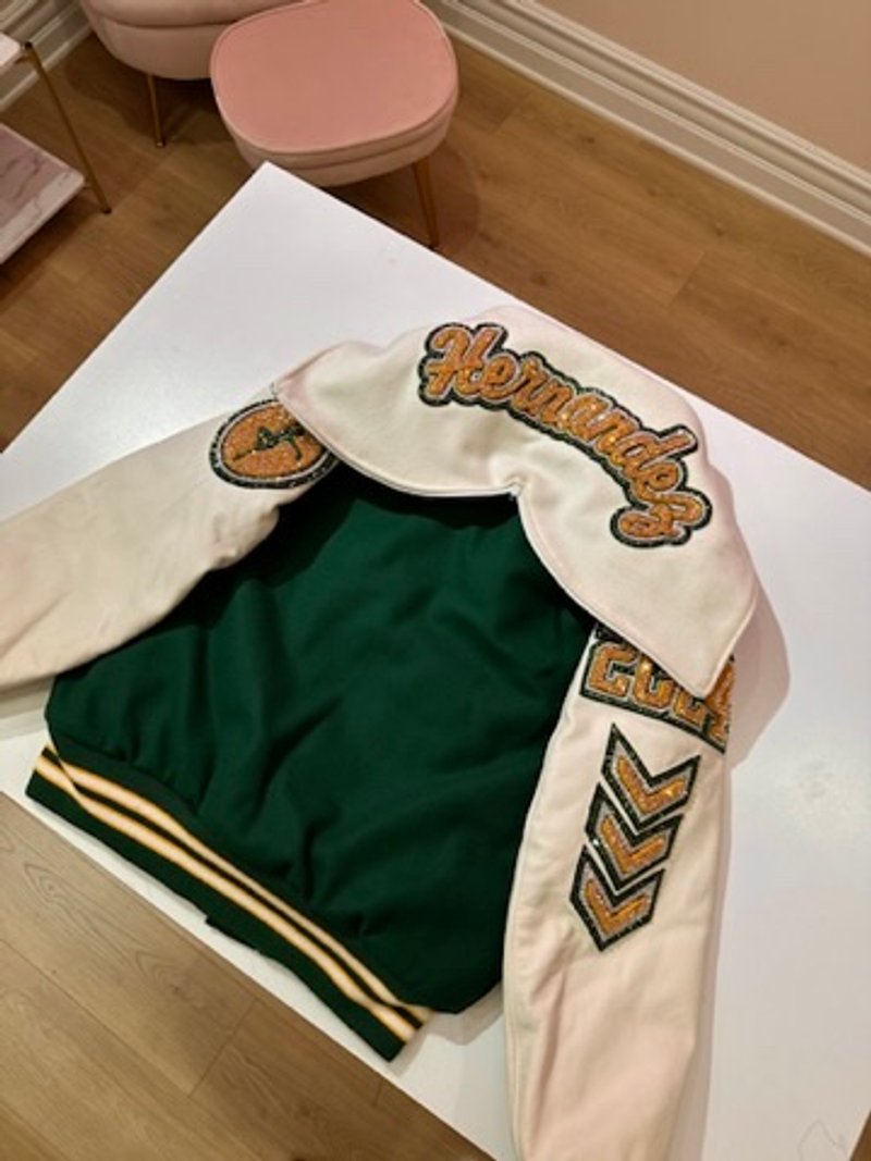 Custom blinged letterman jacket by Erica’s Sparkly Designs
