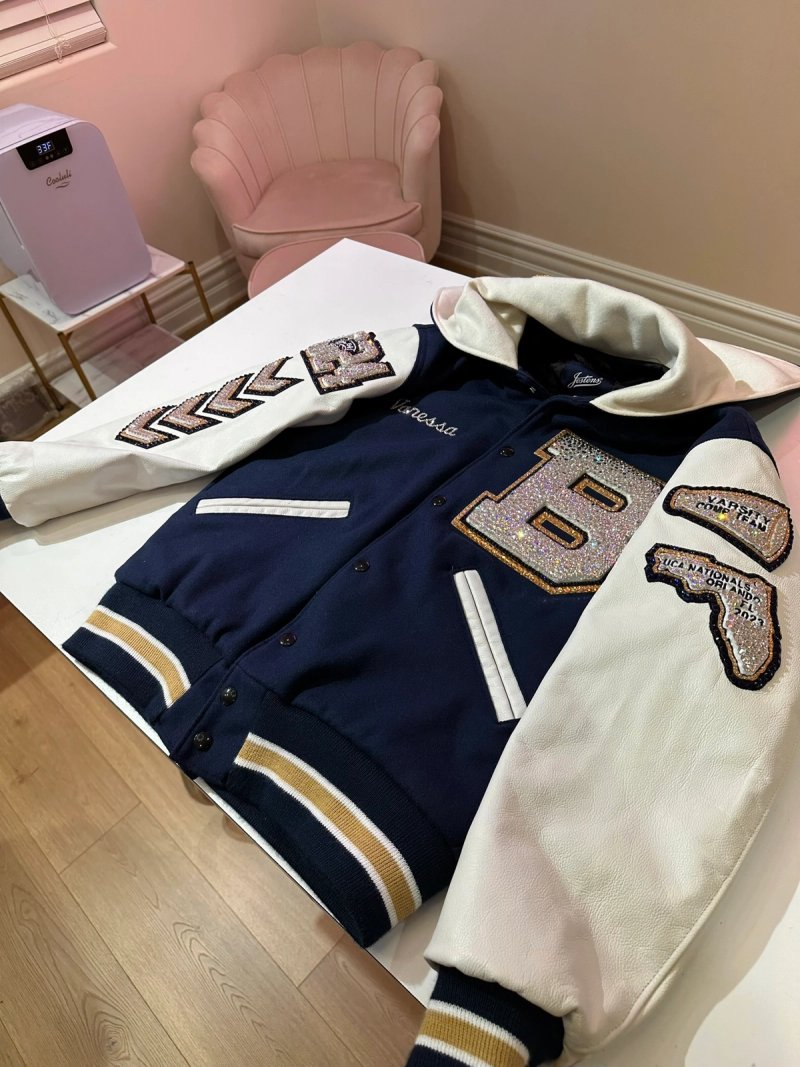 Custom blinged letterman jacket by Erica’s Sparkly Designs