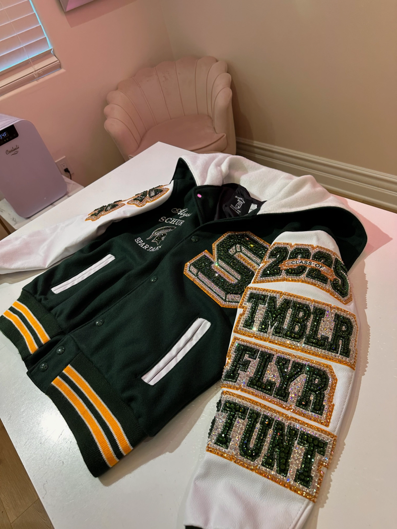 Custom blinged letterman jacket by Erica’s Sparkly Designs